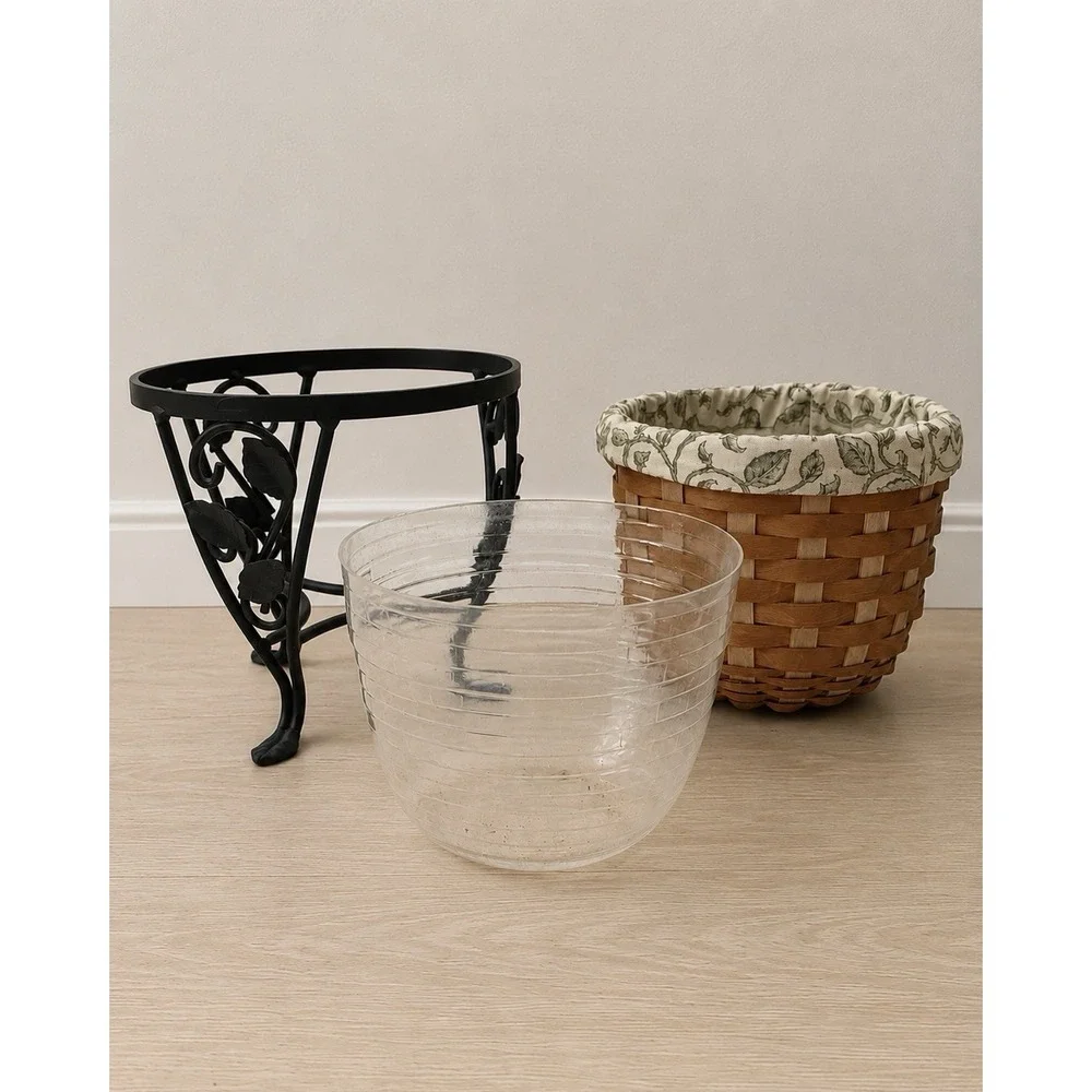 Longaberger Flora Basket Set Signed 2004 Iron Stand Liner Protector 9
